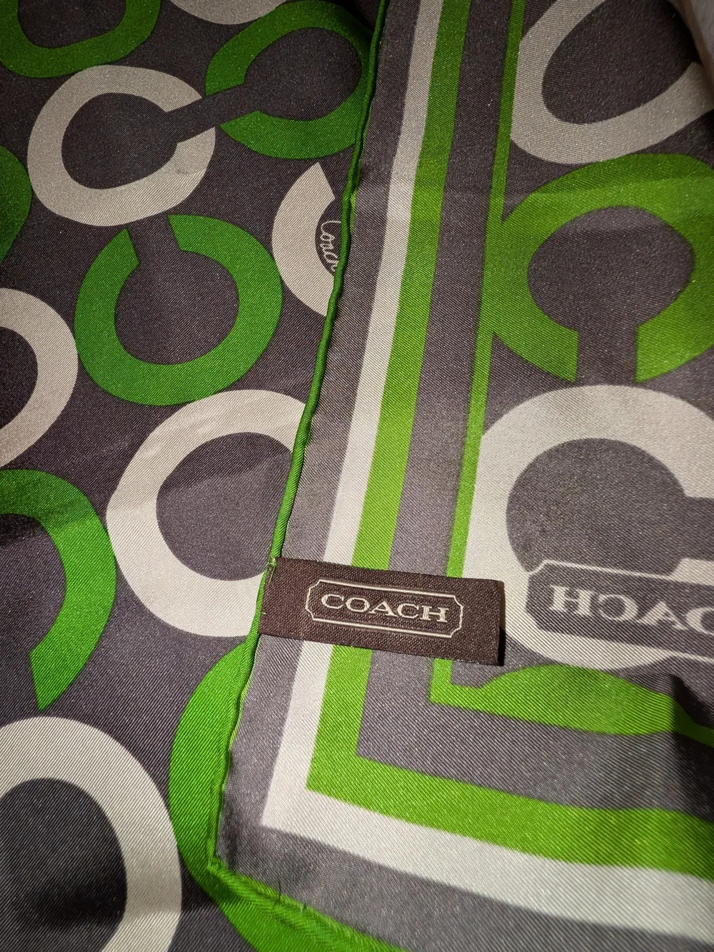 Coach Green & Gray Signature Pattern Silk Scarf 25